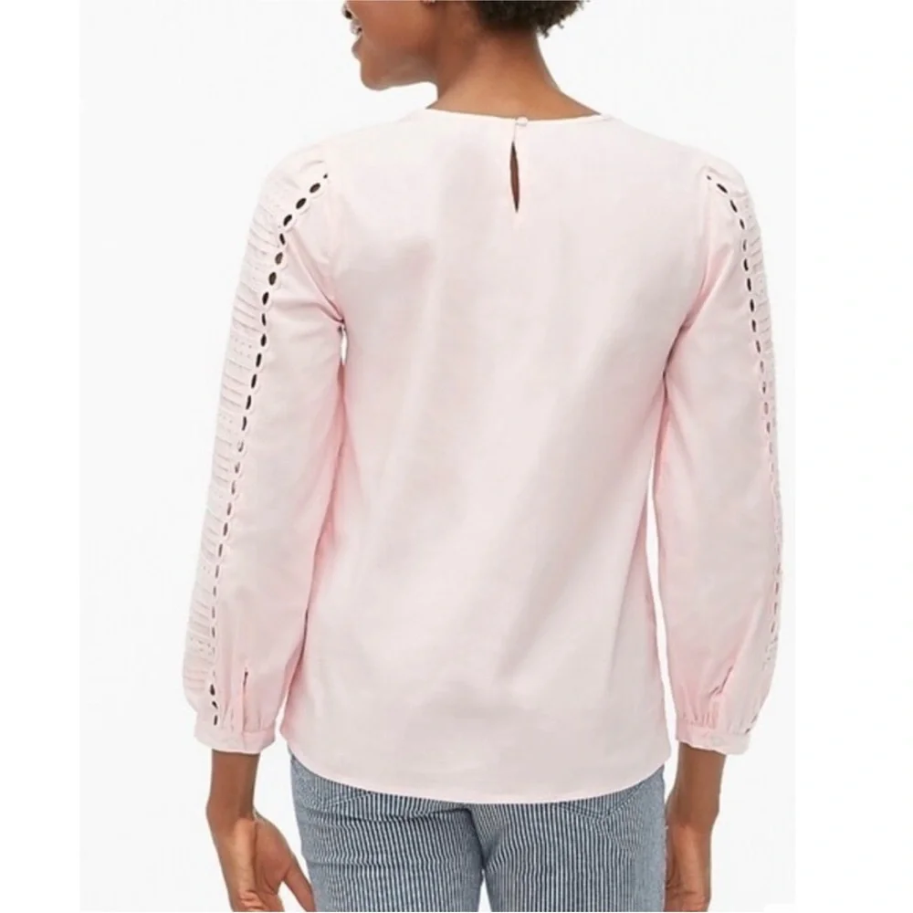 J. Crew Cotton Poplin Pleated Eyelet Puff Sleeve Popover Shirt Pink Small